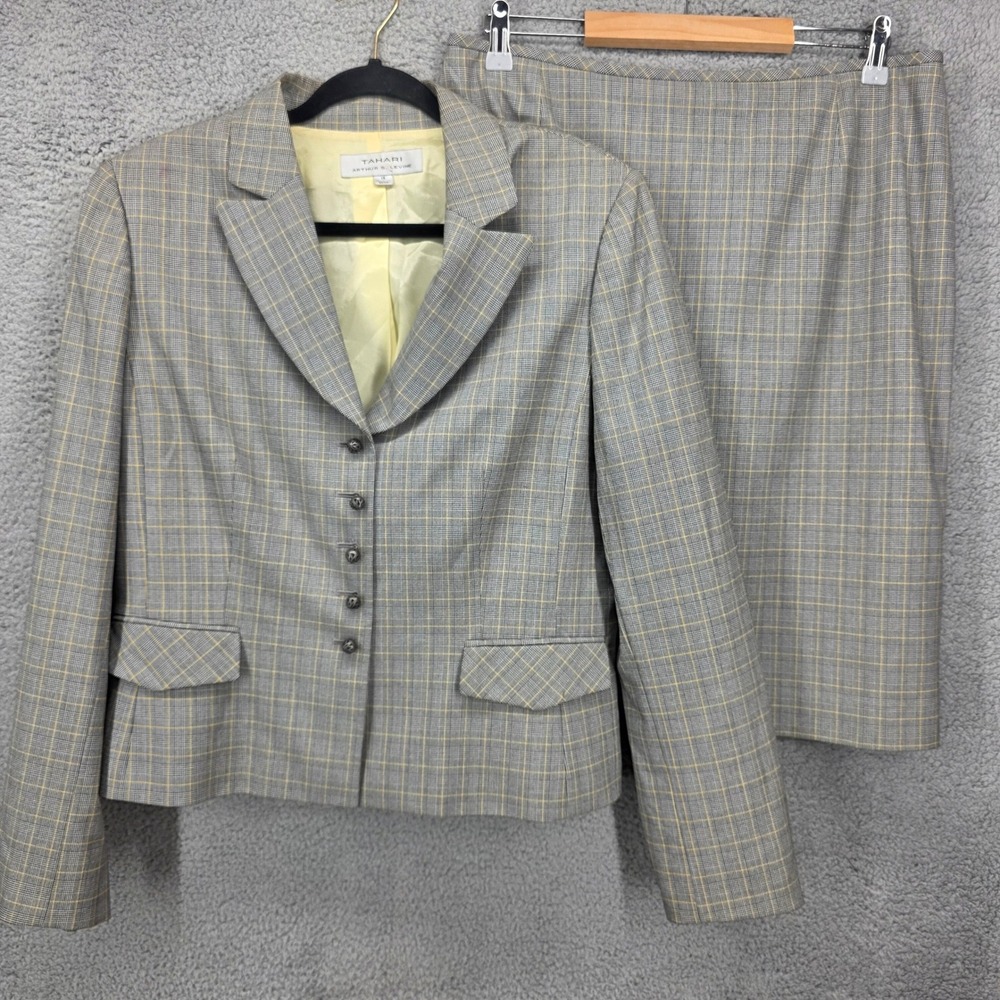 Tahari Arthur S Levine Grey Yellow Glen Plaid Skirt Suit Set Blazer Sz 14